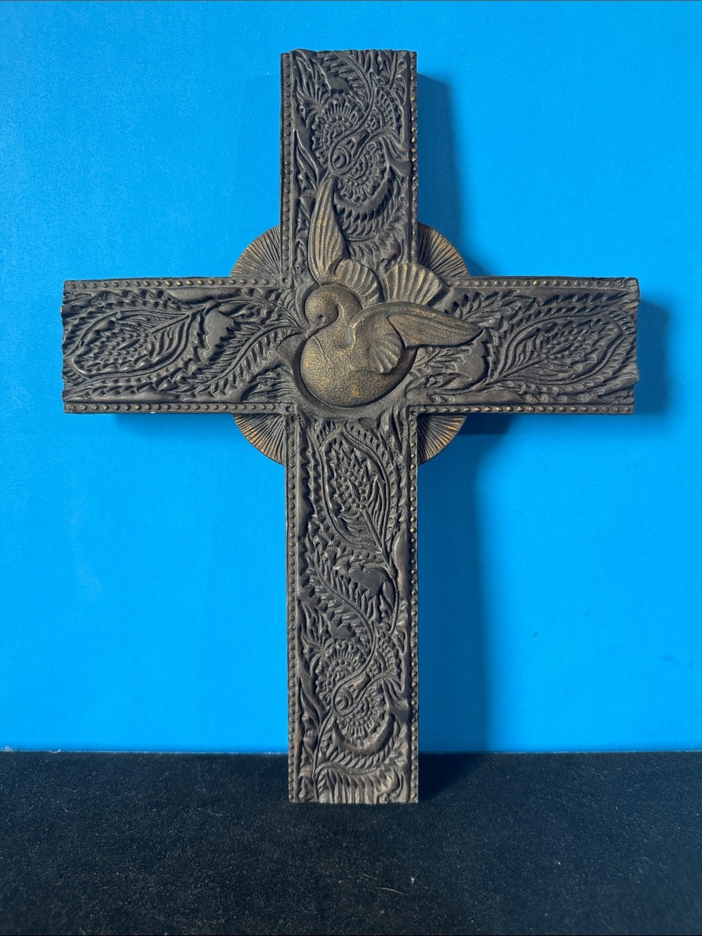 Ornate Carved Cross Wall Art with Dove Accent - Brown